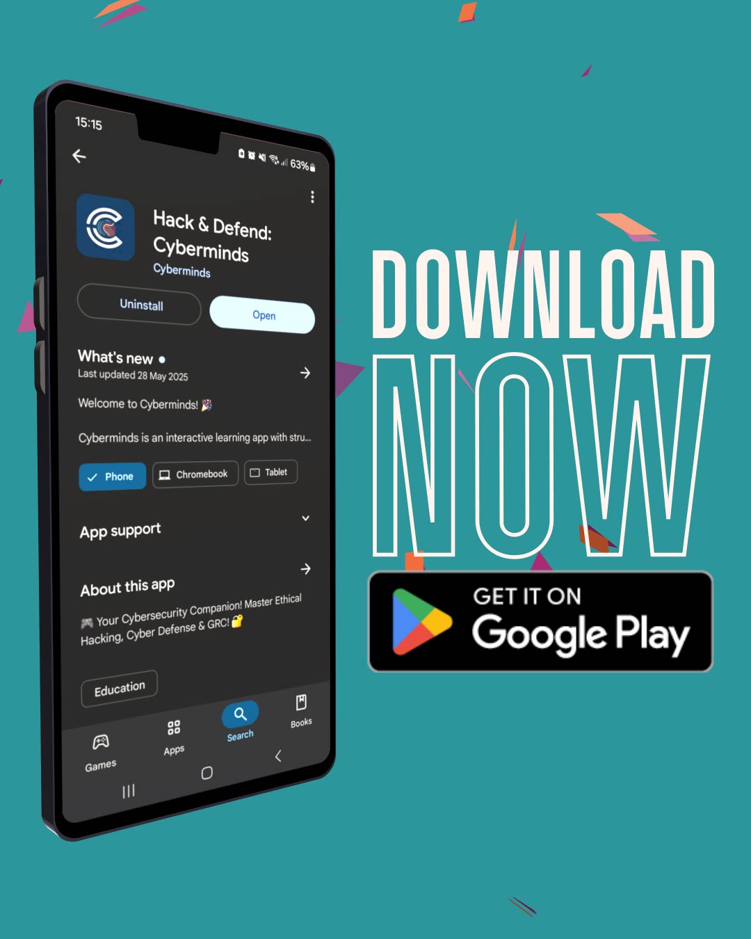 Image of phone with app listing on google play.